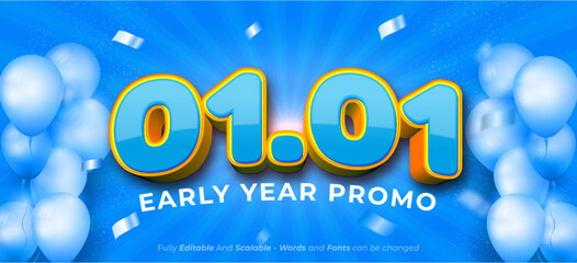 Special promotional design with 3d 01.01 number and party balloon on blue background