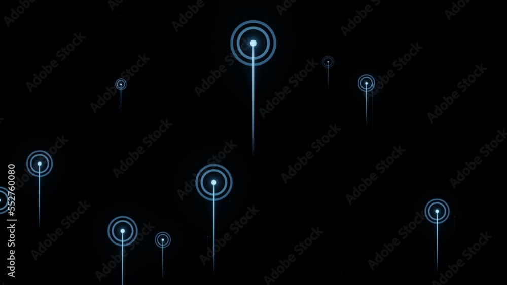 Poster digital circular ring shape floating up. seamless loop. concept for radio wave signals, ping echo so