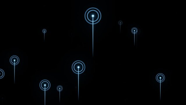 Digital circular ring shape floating up. Seamless loop. Concept for Radio wave signals, ping echo sonar, telecom mobile signal, telecommunication, software development, product technology background