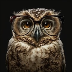 Sch&ouml;ne Eule mit Brille der Weisheit isoliert auf schwarzem Hintergrund