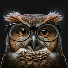 Sch&ouml;ne Eule mit Brille der Weisheit isoliert auf schwarzem Hintergrund