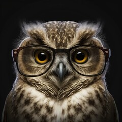 Sch&ouml;ne Eule mit Brille der Weisheit isoliert auf schwarzem Hintergrund