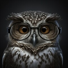 Sch&ouml;ne Eule mit Brille der Weisheit isoliert auf schwarzem Hintergrund