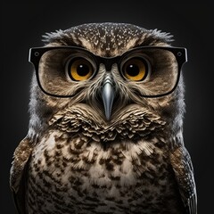 Sch&ouml;ne Eule mit Brille der Weisheit isoliert auf schwarzem Hintergrund, generative ai technology	