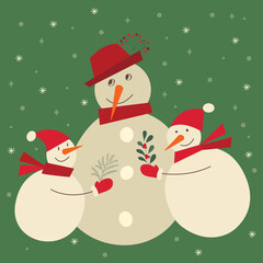 Merry Christmas greeting card with cute snowmen