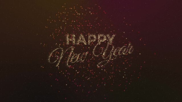 Happy New Year 2023 Animated Text Reveal with Sparkling Fireworks Particles Effects On Black Background. Suitable for Celebration, Greetings, Events, Message, Holiday, and Festival.