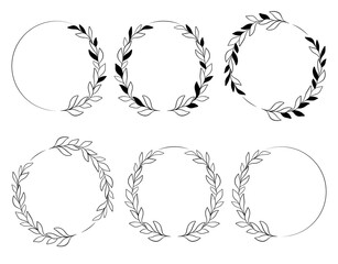 Black and ink line leaves on white background. Floral hand drawn logo template in elegant and minimal style.