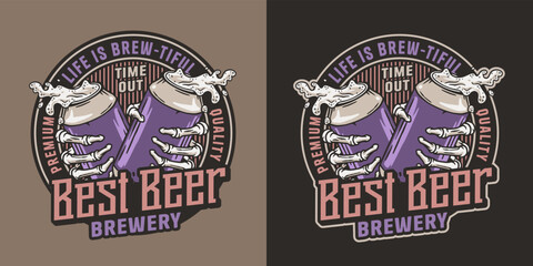 Beer can in bone hand for store or brewery. Skeleton with metal cans with foam splash. Craft beer vector logo or emblem for label design of tin for pub and bar