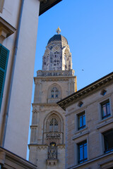 Twin towers of medieval protestant church Great Minster at the old town of Zürich on a sunny late summer morning. Photo taken September 22nd, 2022, Zurich, Switzerland.