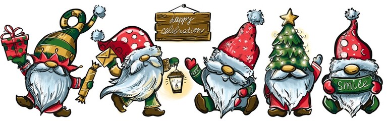 Set Of Merry Christmas With Cute Gnomes Santa Claus Banner Design. Cute Cartoon Illustration. Print for t-shirt, card, textile