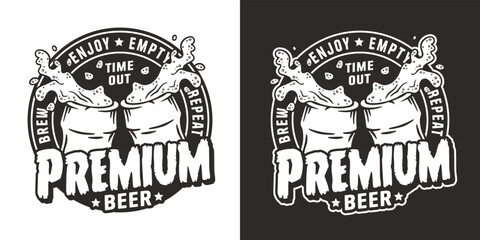 Beer bottle cheers with foam splash for craft label or print. Monochrome brew emblem or premium beer logo for bar, pub or brewery shop