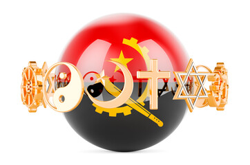 Angolan flag painted on sphere with religions symbols around, 3D rendering
