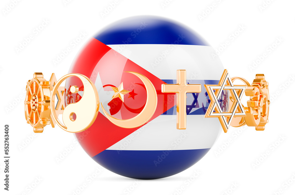 Poster cuban flag painted on sphere with religions symbols around, 3d rendering