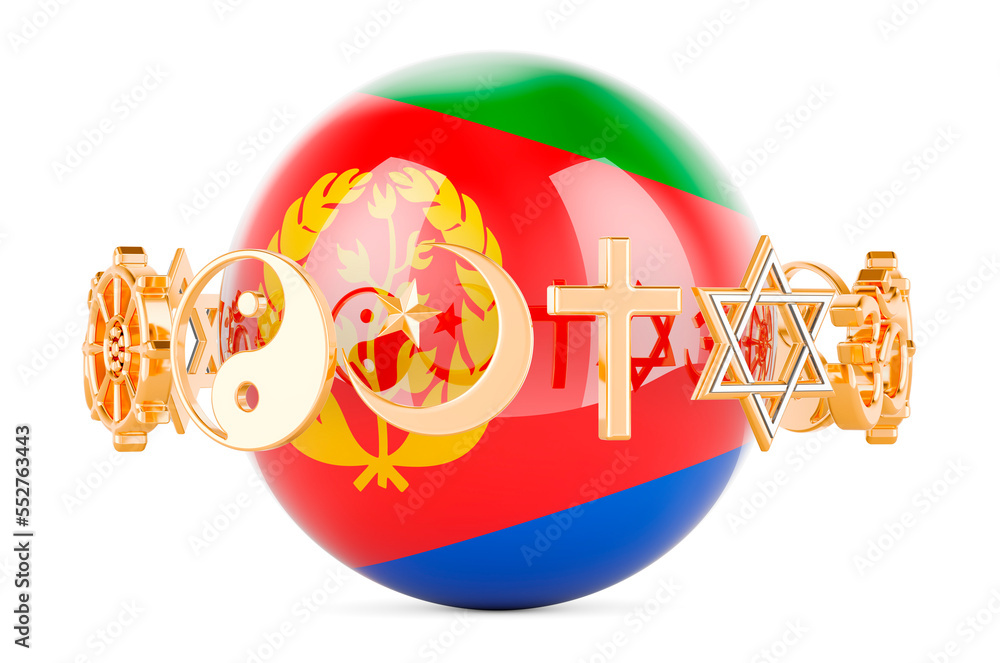 Poster eritrean flag painted on sphere with religions symbols around, 3d rendering