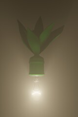 Lightbulb with green leaves. Green energy concept 3d render illustration
