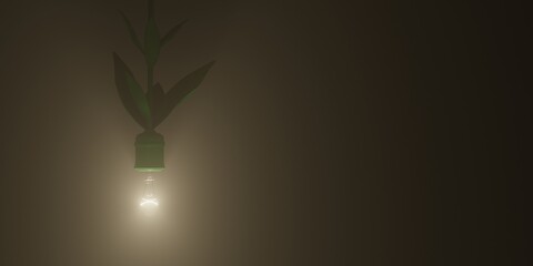 Lightbulb with green leaves. Green energy concept 3d render illustration with free space for copy paste text
