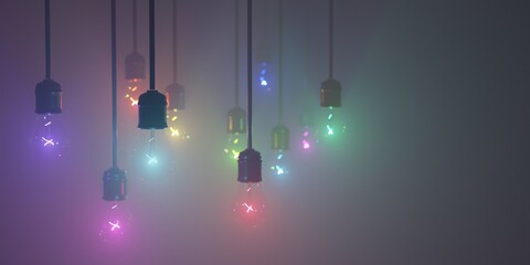 Hanging Colorful Lightbulbs glowing with different colors of rainbow. 3D rendering background illustration.