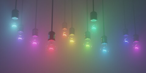 Colorful Lightbulbs glowing with different colors of rainbow. 3D rendering background illustration.