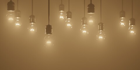 Hanging Lightbulbs decoration.  Lights with warm color glowing and lightning up foggy scene. 3D rendering background illustration with free space for copy paste text.