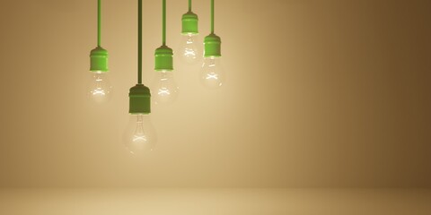 Green Lightbulbs hanging. 3D rendering energy efficient concept background illustration.