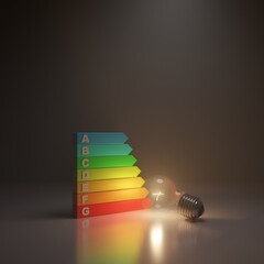 Energy efficient rating and lightbulb. New energy efficiency chart for electrical equipments 3D render illustration.