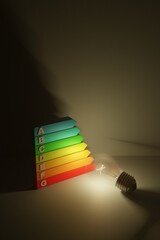 Energy efficient rating and lightbulb. New energy efficiency chart for electrical equipments 3D render illustration.
