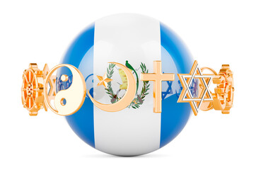 Guatemalan flag painted on sphere with religions symbols around, 3D rendering