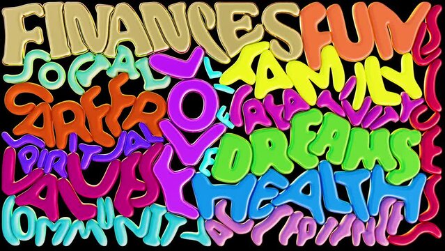 Aspects of life word animation with soft bouncy and colorful fun letters 