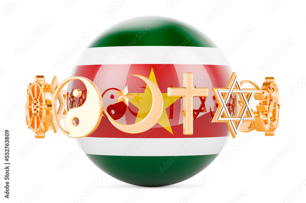 Poster surinamese flag painted on sphere with religions symbols around, 3d rendering
