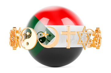 Sudanese flag painted on sphere with religions symbols around, 3D rendering
