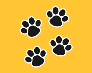 Vector cute paw sticker. Pet footprint on yellow background. Cat paw symbol. Dog foot stamp. Fluffy puppy logo. Flat cartoon pet illustration