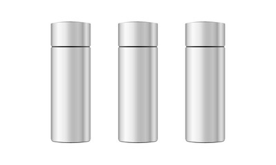 Steel closed hairspray bottle mockup, 3d rendering deodorant, realistic metal spray, vector cosmetic care object, vertical tube, steel thermos