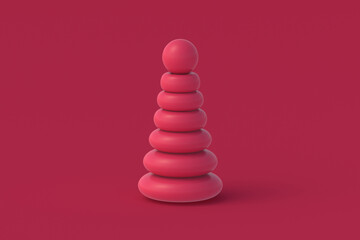 Toy pyramid of magenta on red background. Color of the year 2023. 3d render