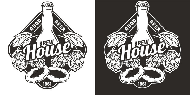 Beer logo or emblem with bottle, hops and onion rings for bar or pub. Monochrome print or label for drink beer shop or brewery