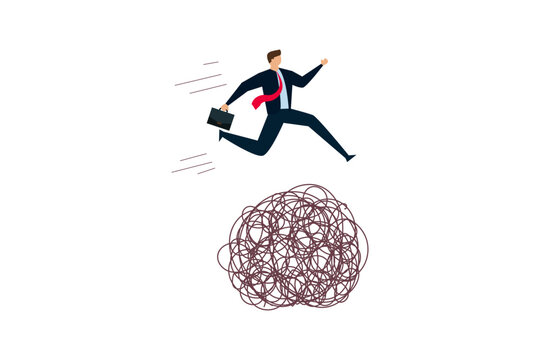 Avoid business trouble risk, solving problem concept, smart superpower businessman jump pass trouble metaphor of business crisis.