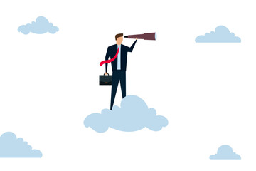 Business opportunity, smart businessman riding high cloud holding telescope or binocular to search for business visionary.