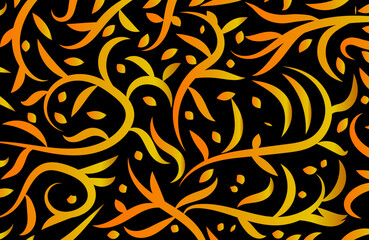 Seamless pattern with vine-patterned orange flowers black Background