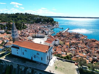 Cerkev sv. Stefana, Piran church Piran Slovenia on sunny day drone aerial view