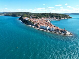 Piran town in Slovenia on sunny day high angle  drone aerial view