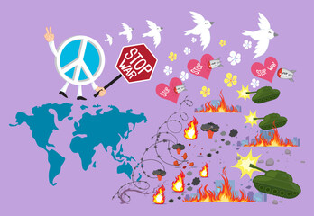 Character peace sign holding a sign stop war cease tanks weapons of war, world peace day, illustrator vector cartoon drawing image painting