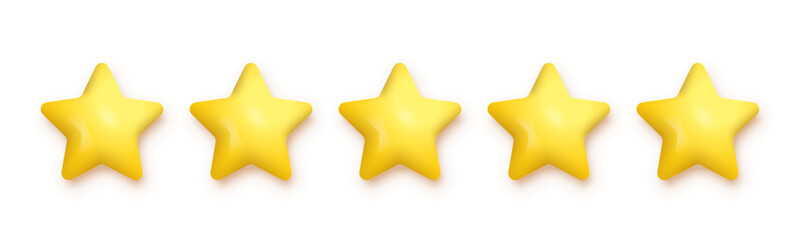 5 gold stars for product review vector illustration. 3d five yellow or golden ranking symbols in row for feedback, satisfaction opinion on website service or mobile app isolated on white background