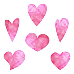Watercolor hand drawn set of objects, textured red, pink hearts for Valentine's day. Isolated on white background. Design for paper, love, greeting cards, textile, print, wallpaper, wedding