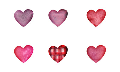 Watercolor hand drawn set of objects, textured red, pink and purple hearts for Valentine's day. Isolated on white background. Design for paper, love, greeting cards, textile, print, wallpaper, wedding