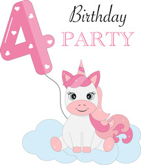 Obraz na płótnie Canvas An invitation to the fourth birthday. A unicorn with pink hair.