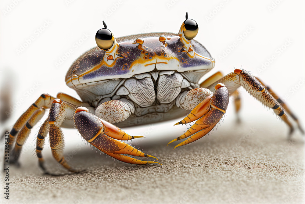 Poster illustration of a fiddler crab up up and personal on a white background generative ai