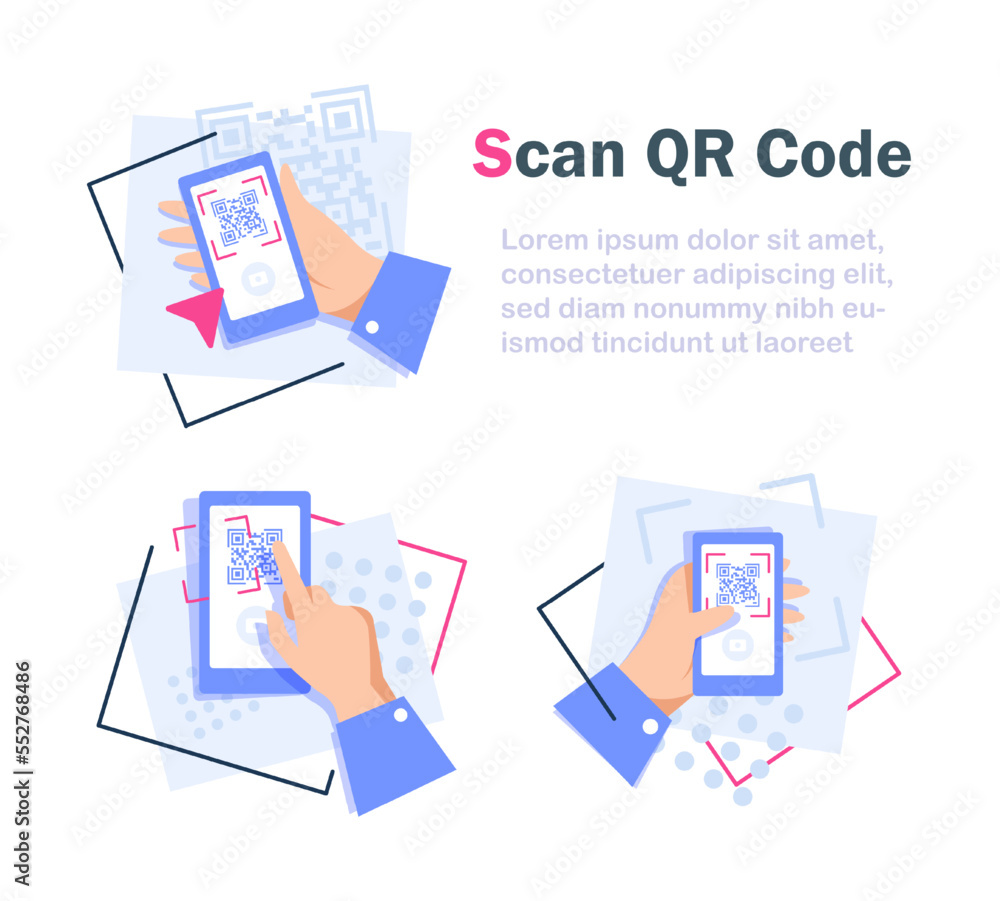 Poster qr code scanning process,code and text on the screen,hand holding a smartphone