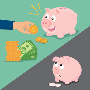 Happy piggy bank eats money and hungry piggy bank,  illustrator vector cartoon drawing image painting