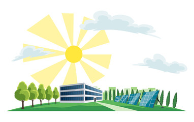 Clean electric energy concept. Renewable electricity resource from solar panels. Ecological change of the future. City skyline and nature landscape on background