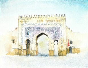 Ancient city gates. Arabic script, Morocco. Watercolor hand drawn illustration. - 552769895