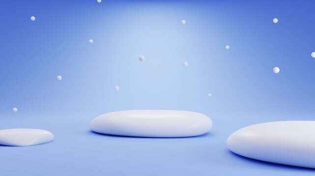 Empty podium in blue room with snow. Simple presentation scene for product presentation. 3d render illustration